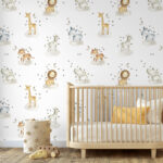 Papel de Parede Infantil Aquarela Safari Animais Nuvens e Estrelas | Auto Adesivo Decorativo Premium para Quarto de Bebê