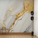 Papel de Parede Mármore Luxuoso Tons de Cinza e Dourado Estilo Elegante Moderno