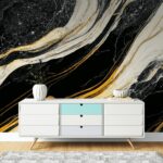 Papel de Parede Mármore Ondulado Preto, Branco e Dourado - Imagem 4