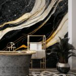 Papel de Parede Mármore Ondulado Preto, Branco e Dourado - Imagem 3