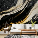 Papel de Parede Mármore Ondulado Preto, Branco e Dourado