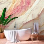 Papel de Parede Mármore Branco com Rosa e Dourado Autoadesivo