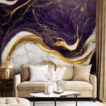 Papel de Parede Mármore Elegância Púrpura com Branco e Ouro